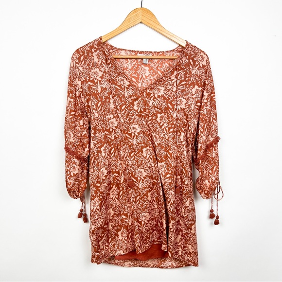 Amuse Society tassel floral boho puff sleeve tunic mini dress size xs - Picture 2 of 7